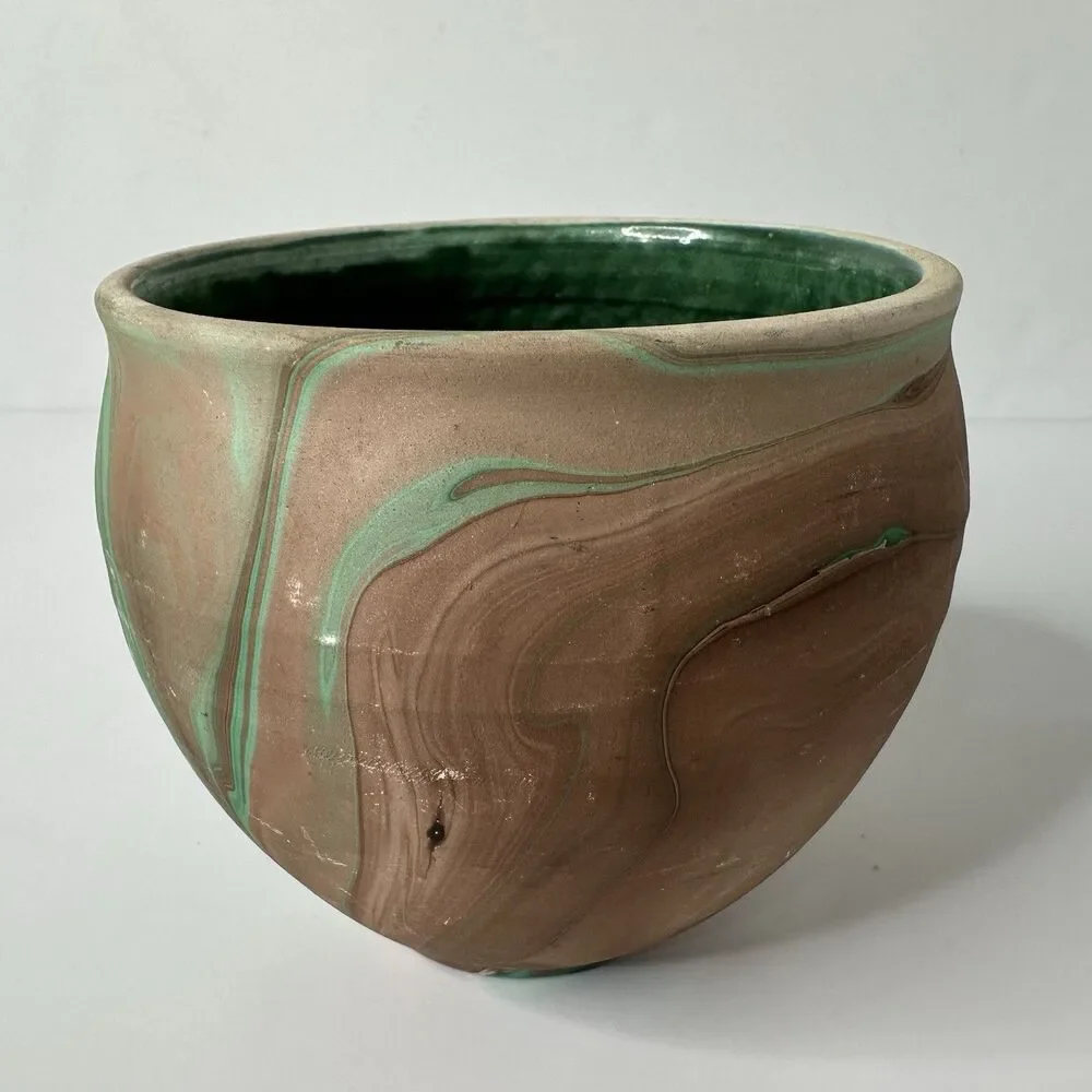 Art Pottery Planter Marked Yosemite National Park Vase Green Brown Swirl 4